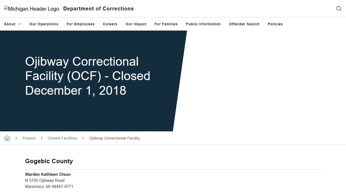 Ojibway Correctional Facility (OCF) - Closed December 1, 2018