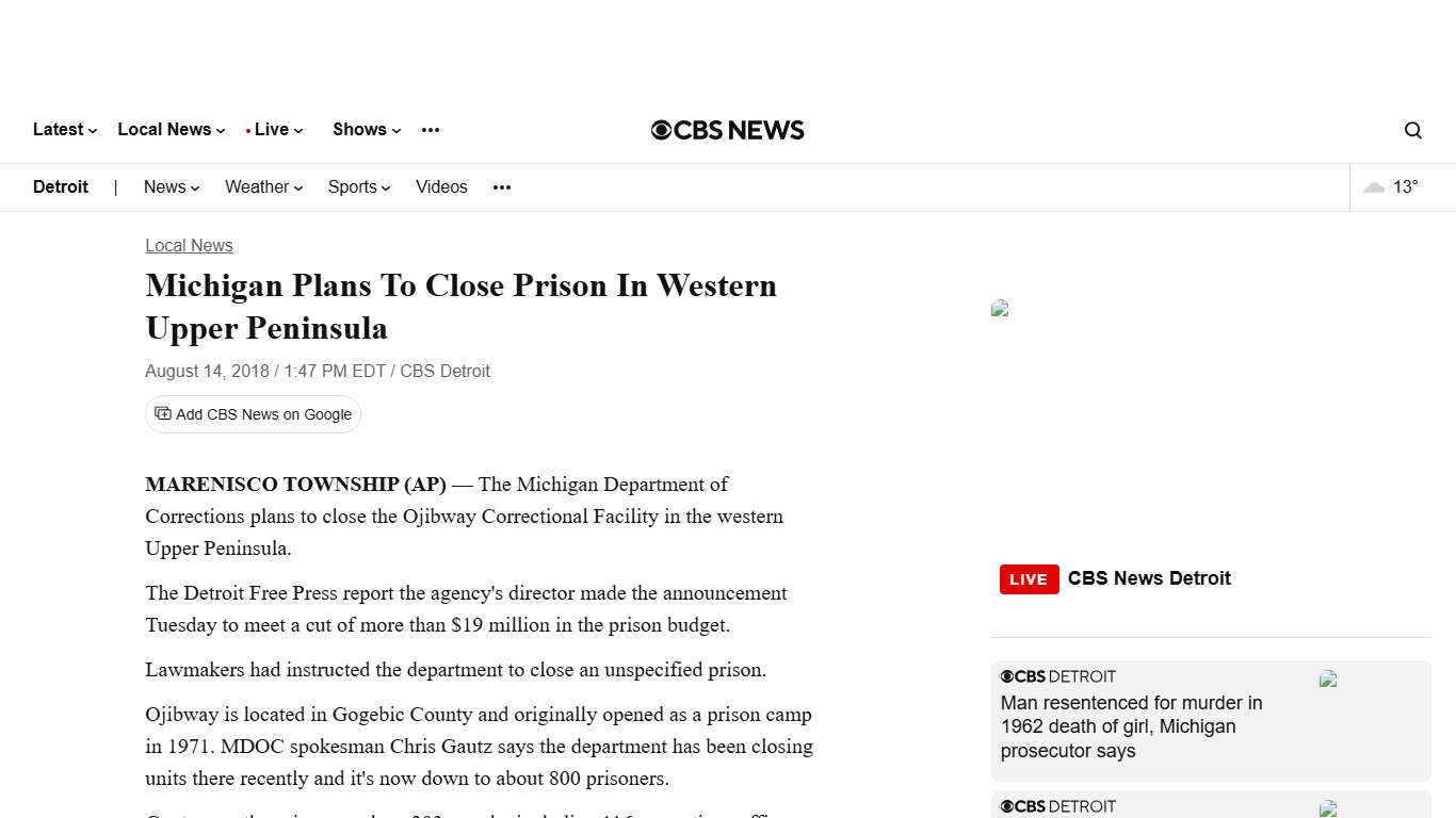 Michigan Plans To Close Prison In Western Upper Peninsula - CBS Detroit