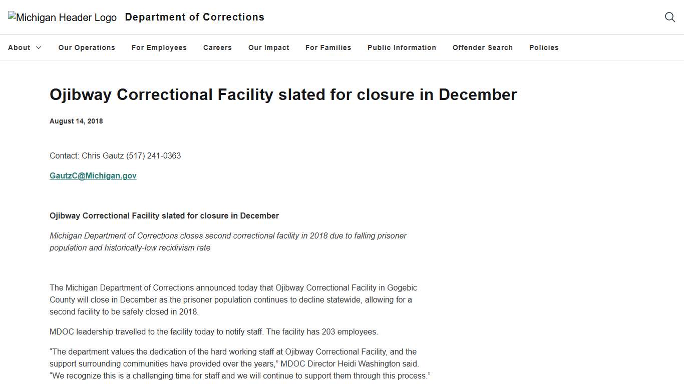 Ojibway Correctional Facility slated for closure in December